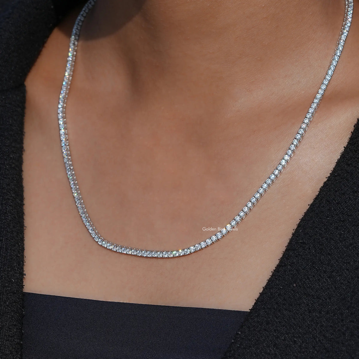 [White Gold Round Cut Moissanite Necklace]-[Golden Bird Jewels]