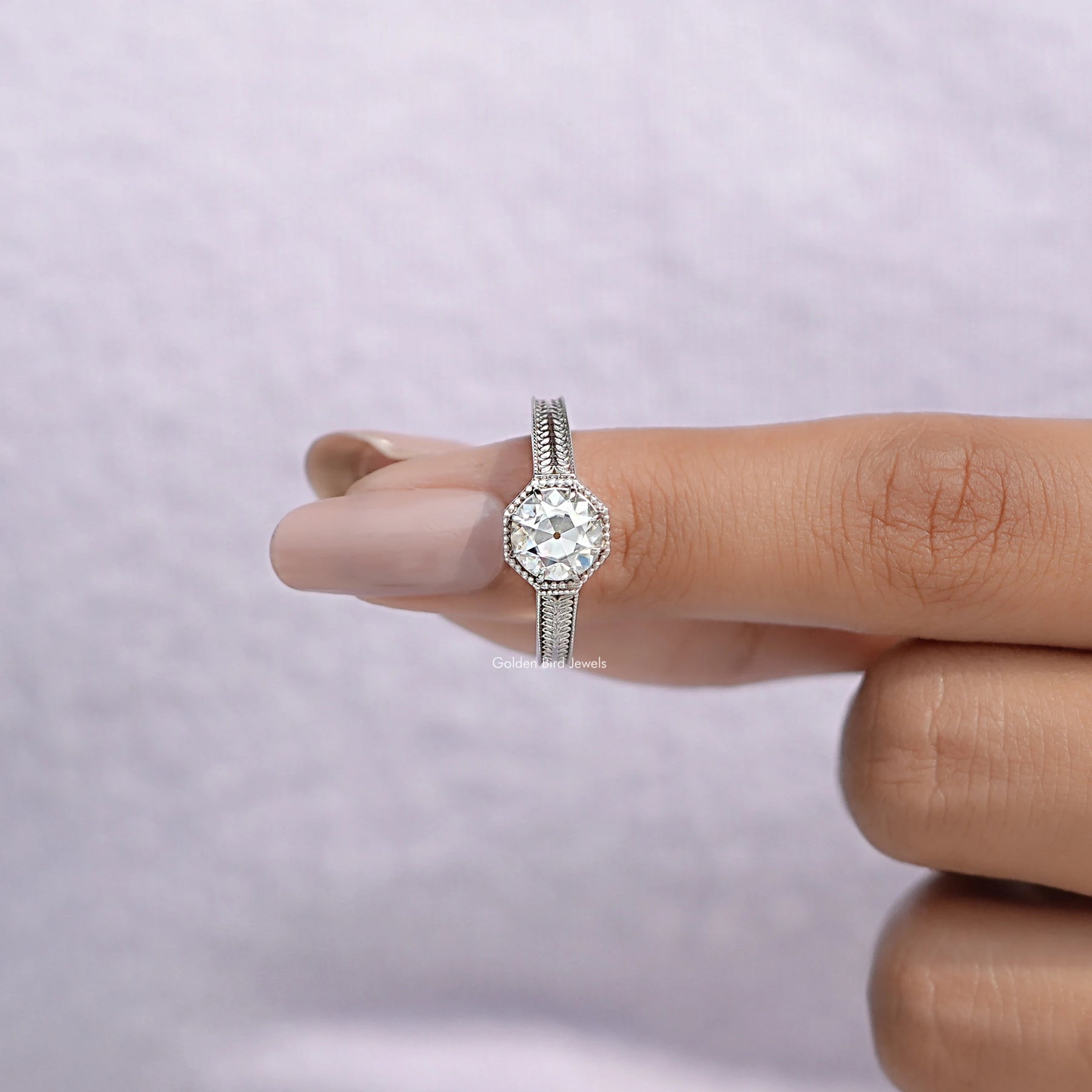 Round Old European Cut Moissanite Solitaire Vintage Ring