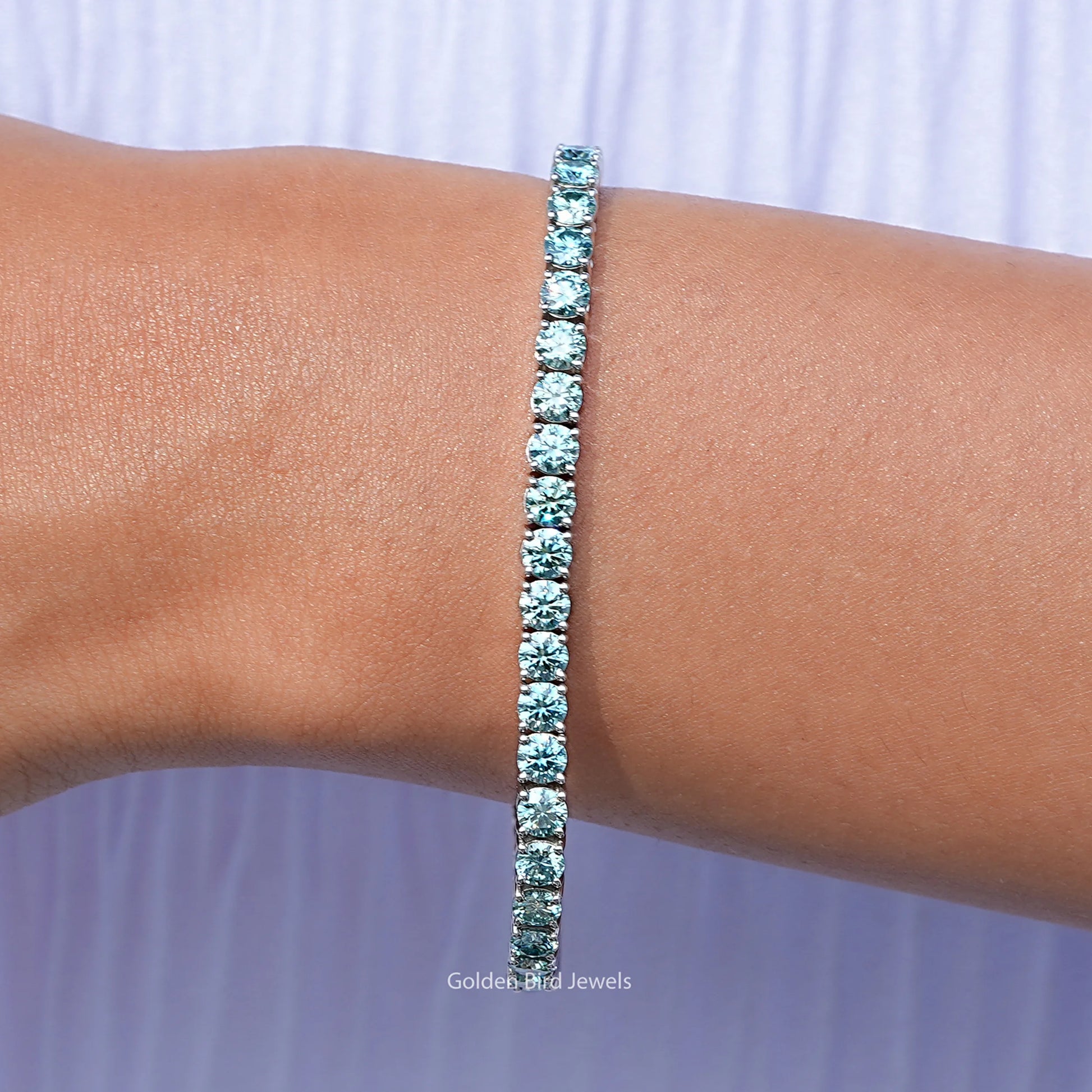 Front view of Blue Round Cut Moissanite Tennis Bracelet