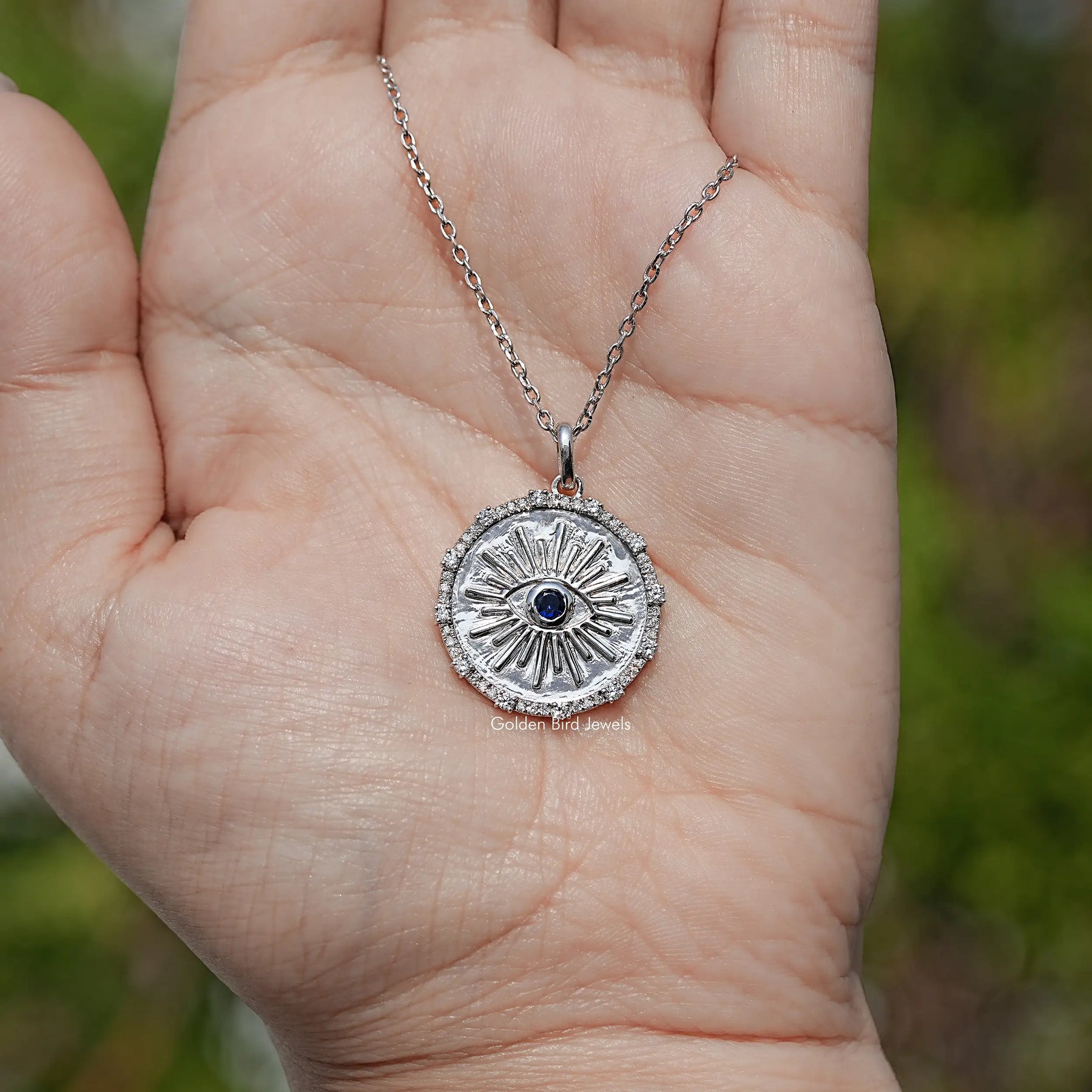 Round Sapphire Gemstone Evil Eye Halo Pendant