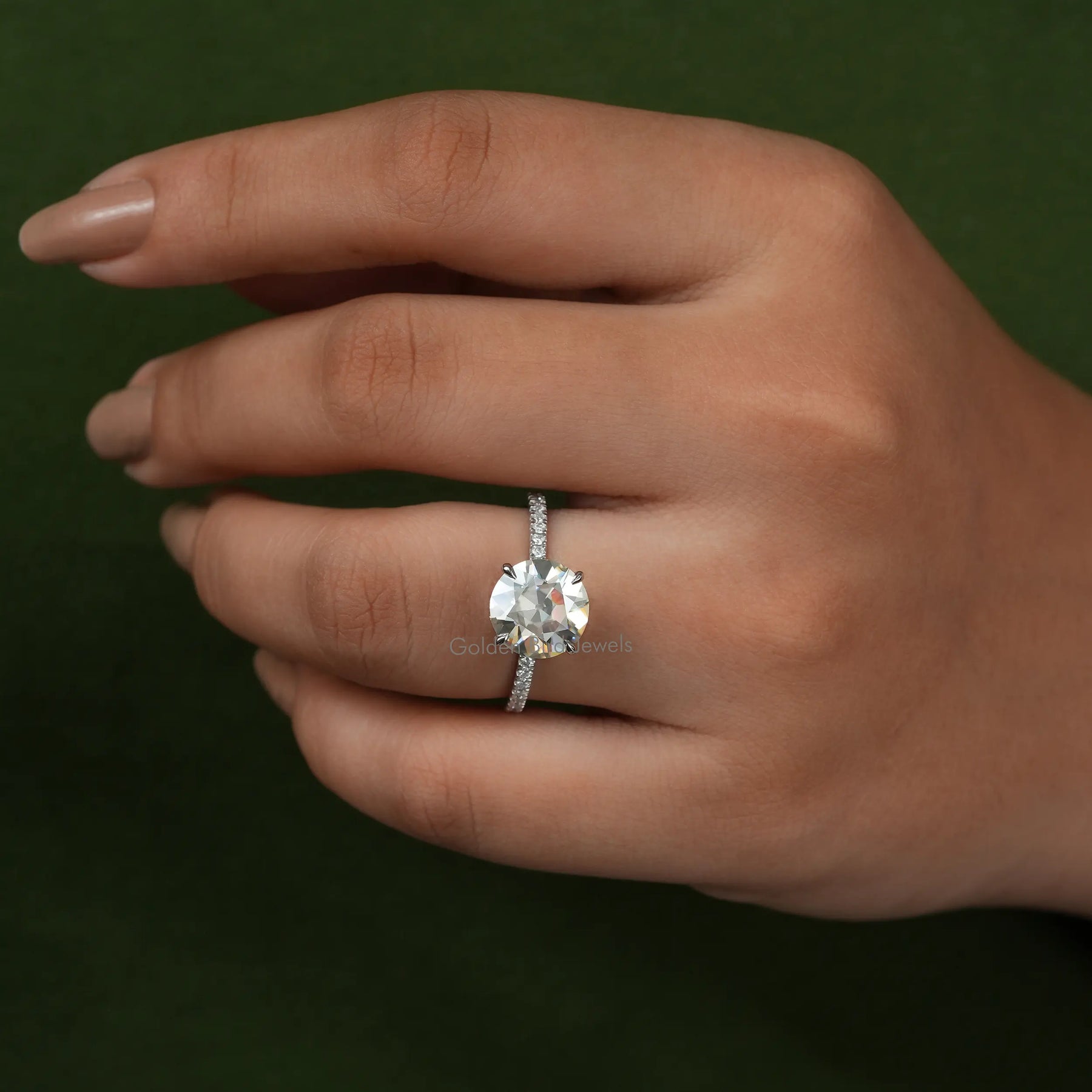 [In finger front view of moissanite hidden halo ring]-[Golden Bird Jewels]