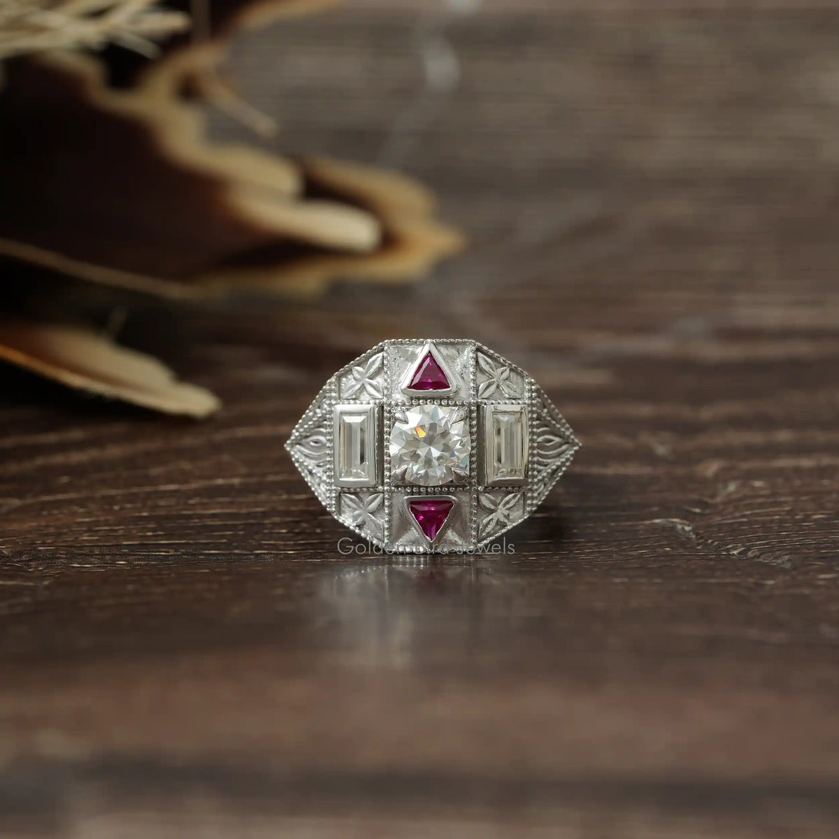 View of Round And Baguette Cut Moissanite Art Deco Ring