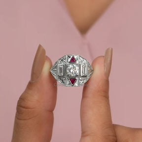 Front View of Trillion Cut Pink Ruby art Deco Moissanite Ring In two Fingers