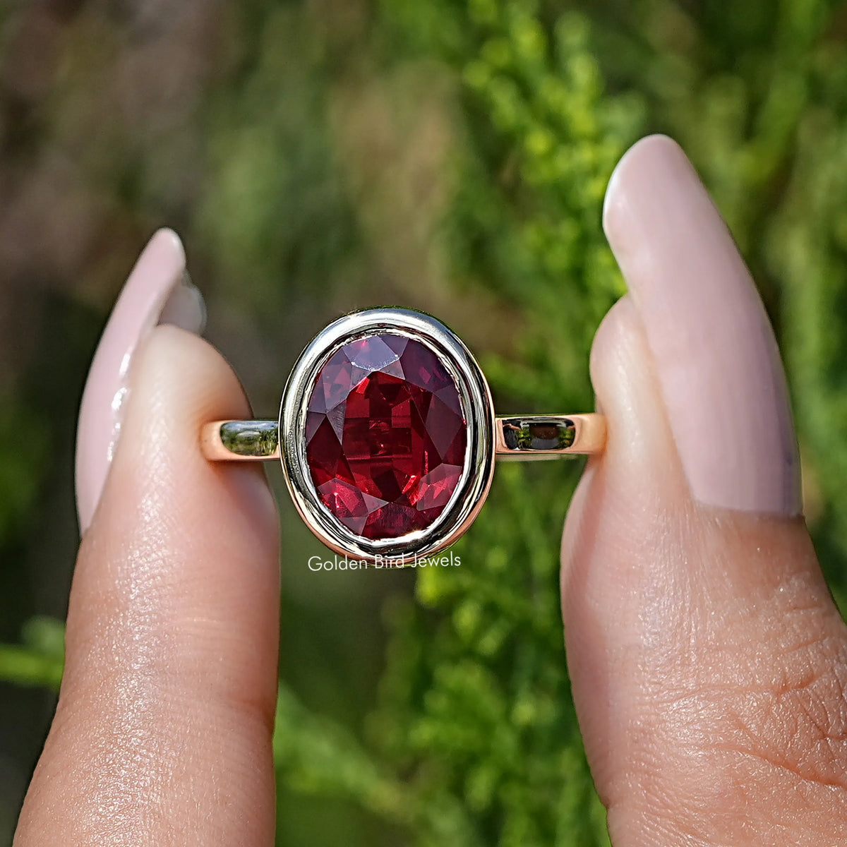 Ruby Red Oval Lab Gemstone Solitaire Ring