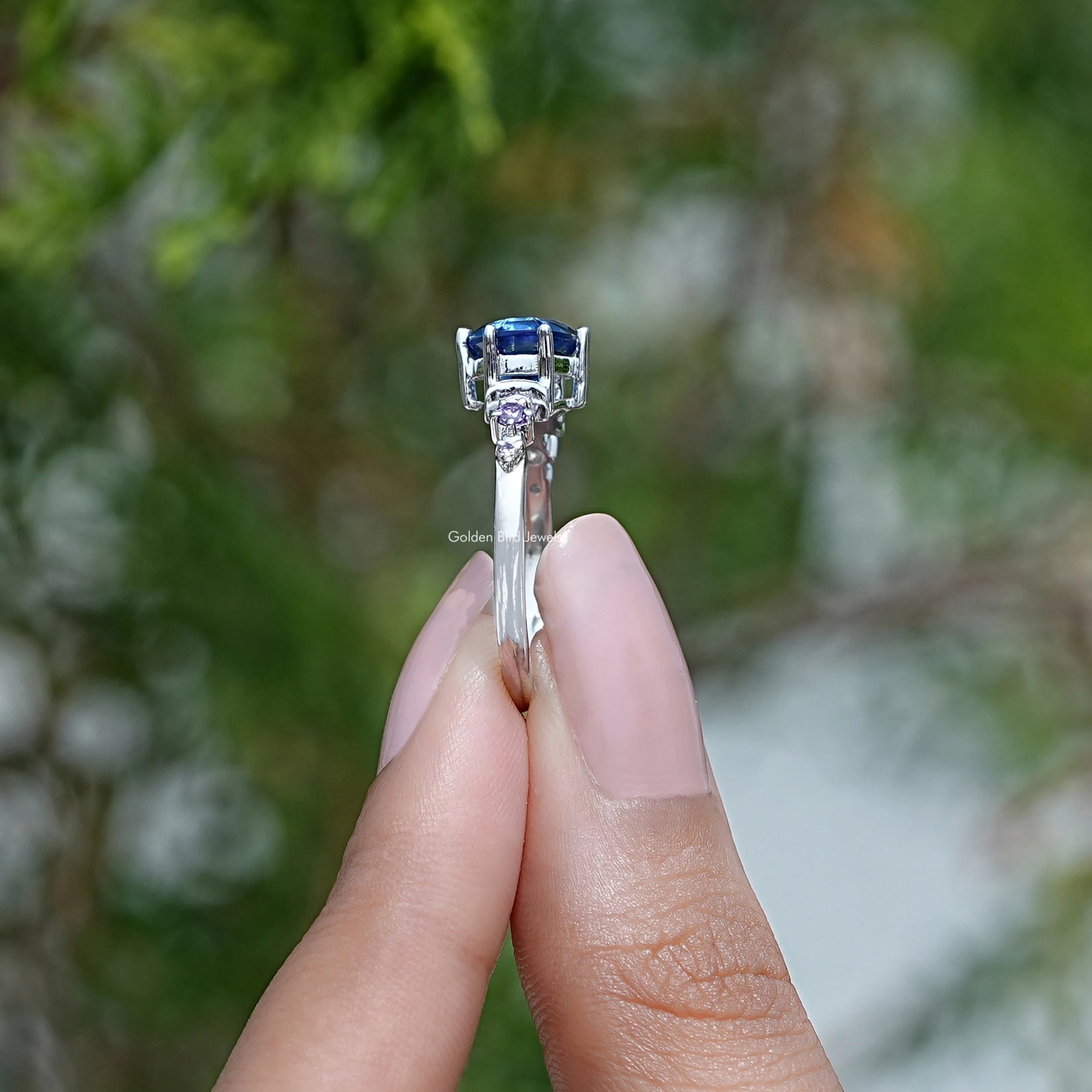 Side View of Blue Hexagon Gemstone Engagement Ring