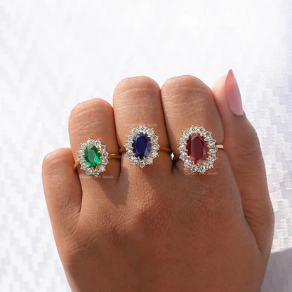 Blue Sapphire Oval Cut Gemstone Halo Ring In Yellow Gold