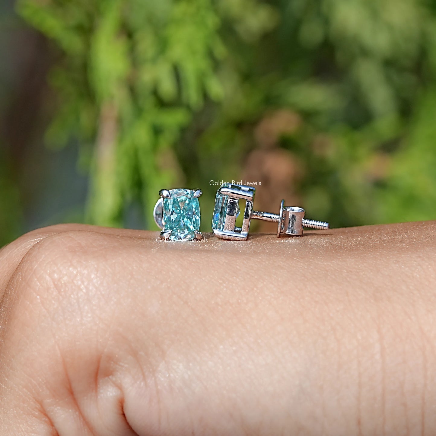 Pair Of a Solid Blue elongated cushion Cut moissanite Stud Earrings