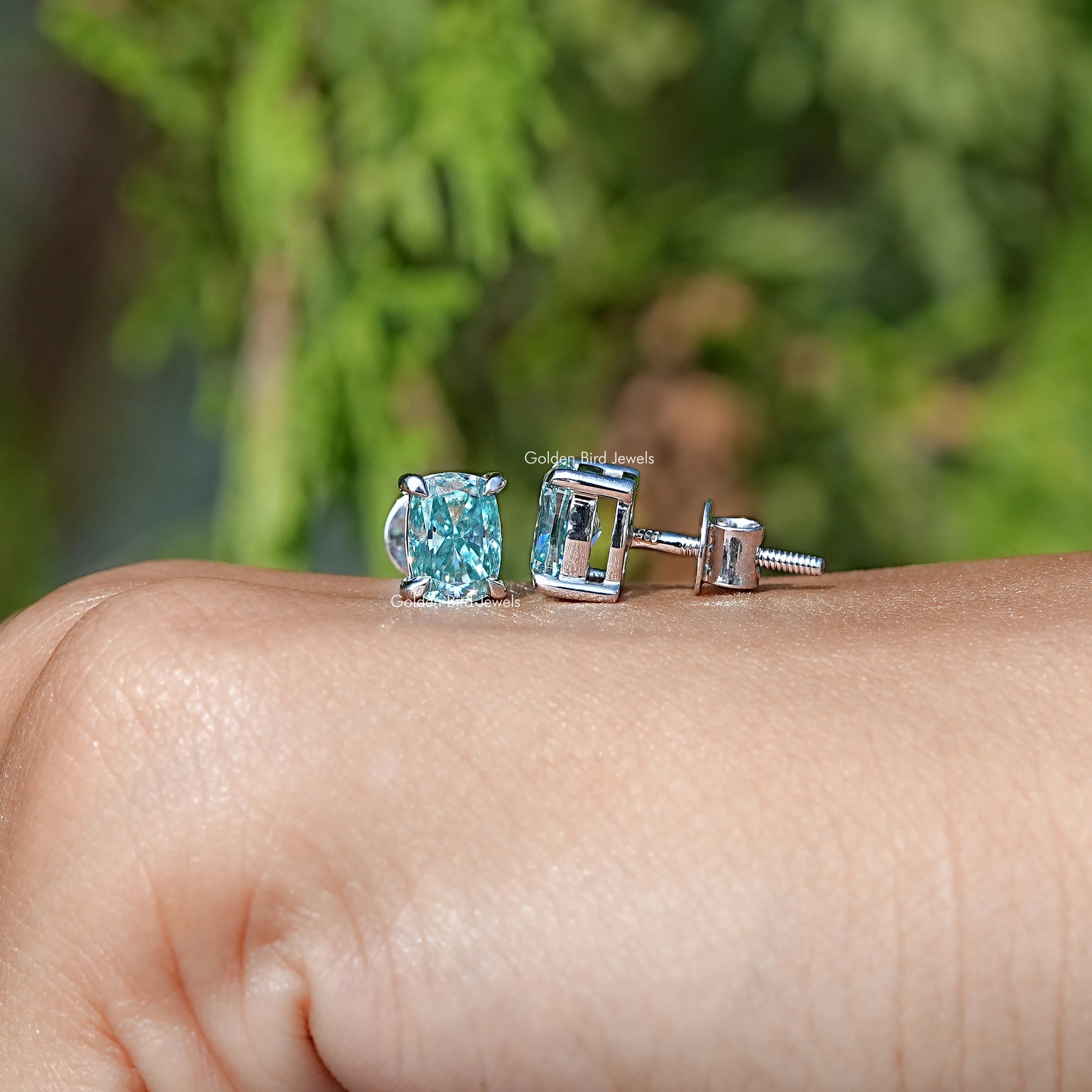 Pair Of a Solid Blue elongated cushion Cut moissanite Stud Earrings