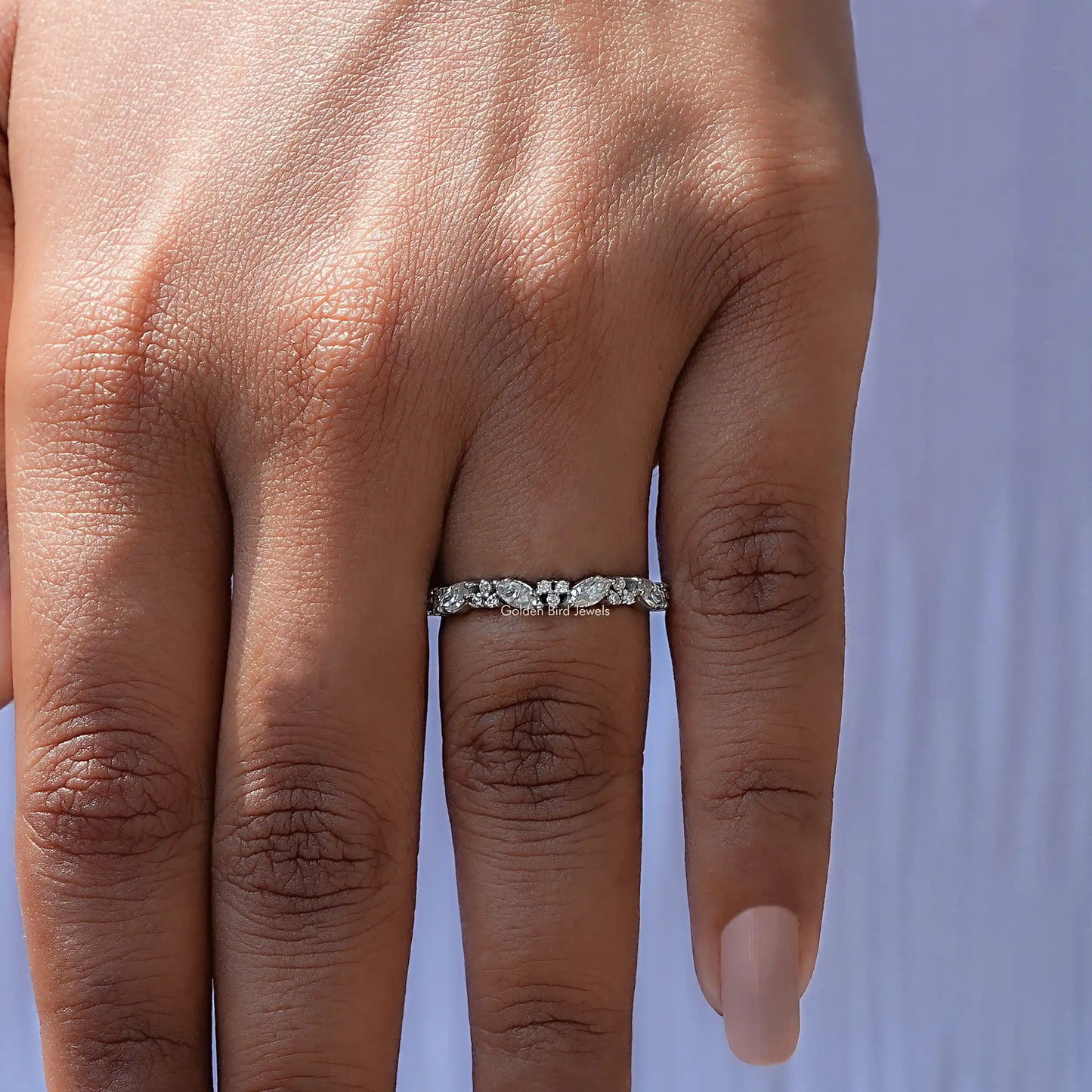 Close View Of Marquise And Round Lab Diamond Half Eternity Band
