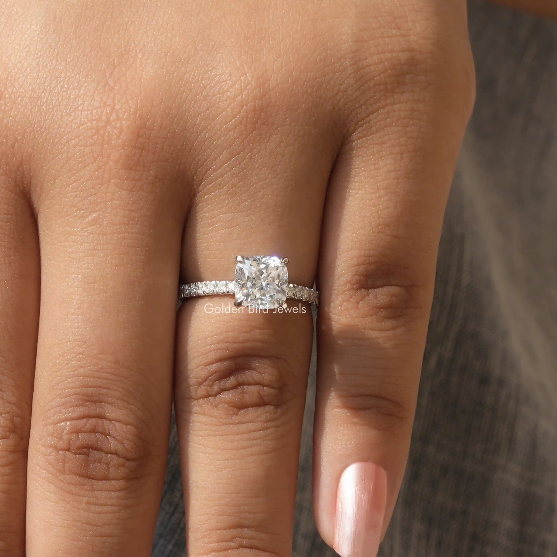 View of Cushion Cut Moissanite Engagement Ring In White Gold