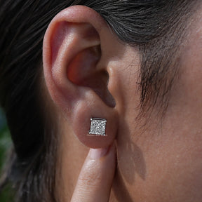 [White Gold Princess Cut Stud Earrings]-[Golden Bird Jewels]