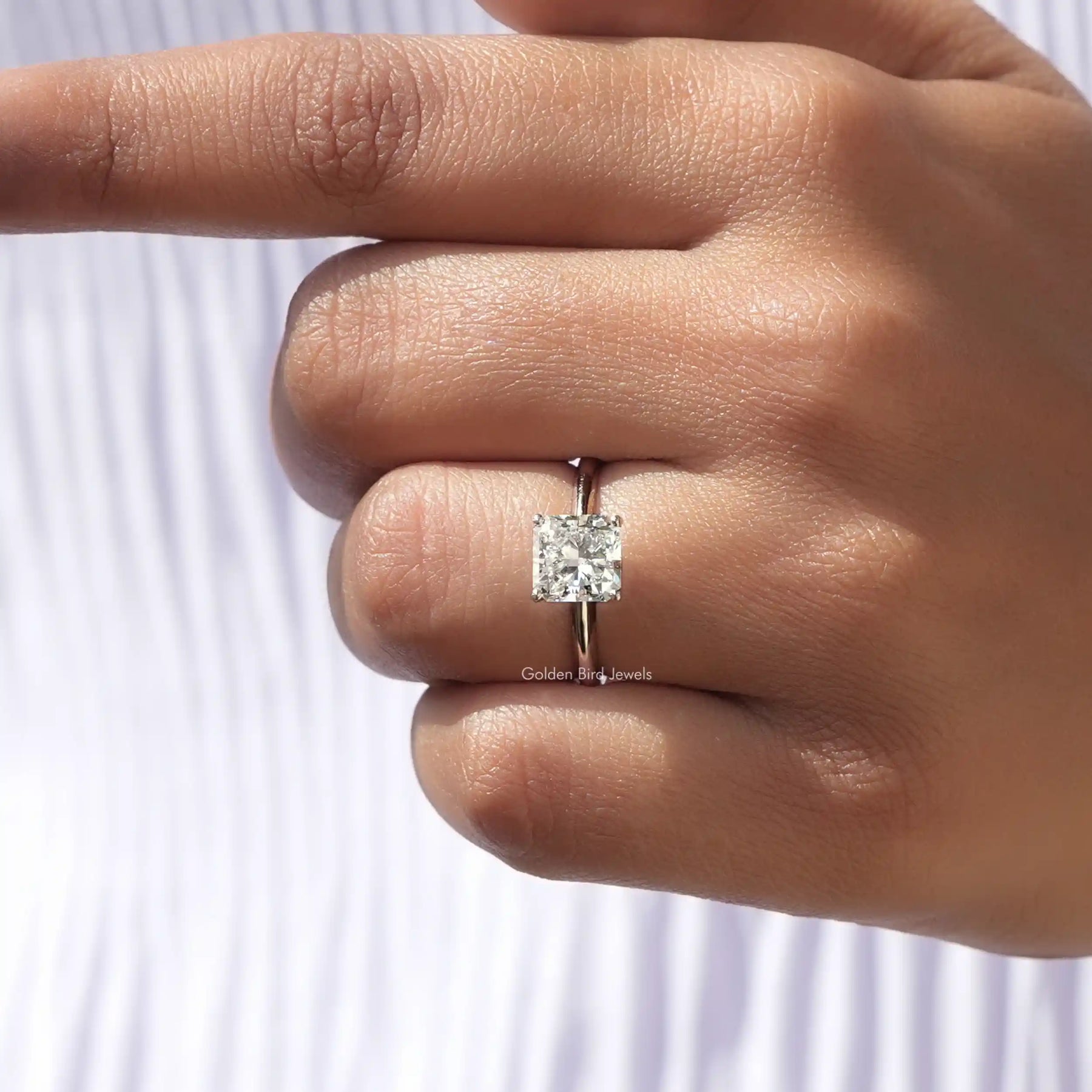 View of Radiant Cut Lab Diamond Solitaire Ring In finger