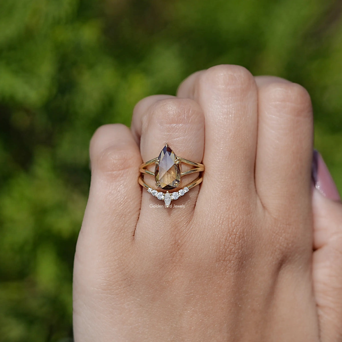 Rose Cut Pear Moissanite Bridal Ring Set