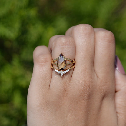 Rose Cut Pear Moissanite Bridal Ring Set