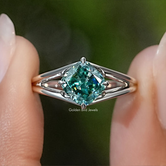 925 sterling silver split shank ring with teal cushion-cut center stone