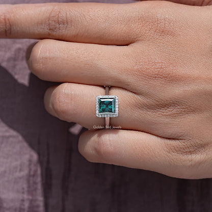 Green Square Moissanite Gemstone Halo Engagement Ring