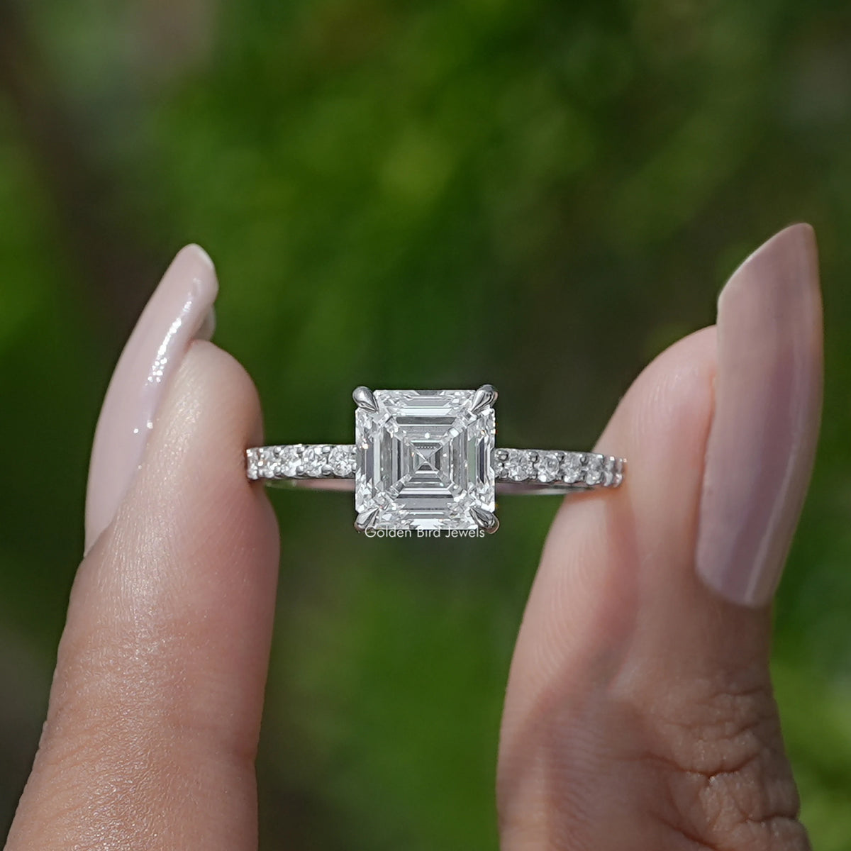 [Square Emerald Cut Diamond Engagement Ring]-[Golden Bird Jewels]