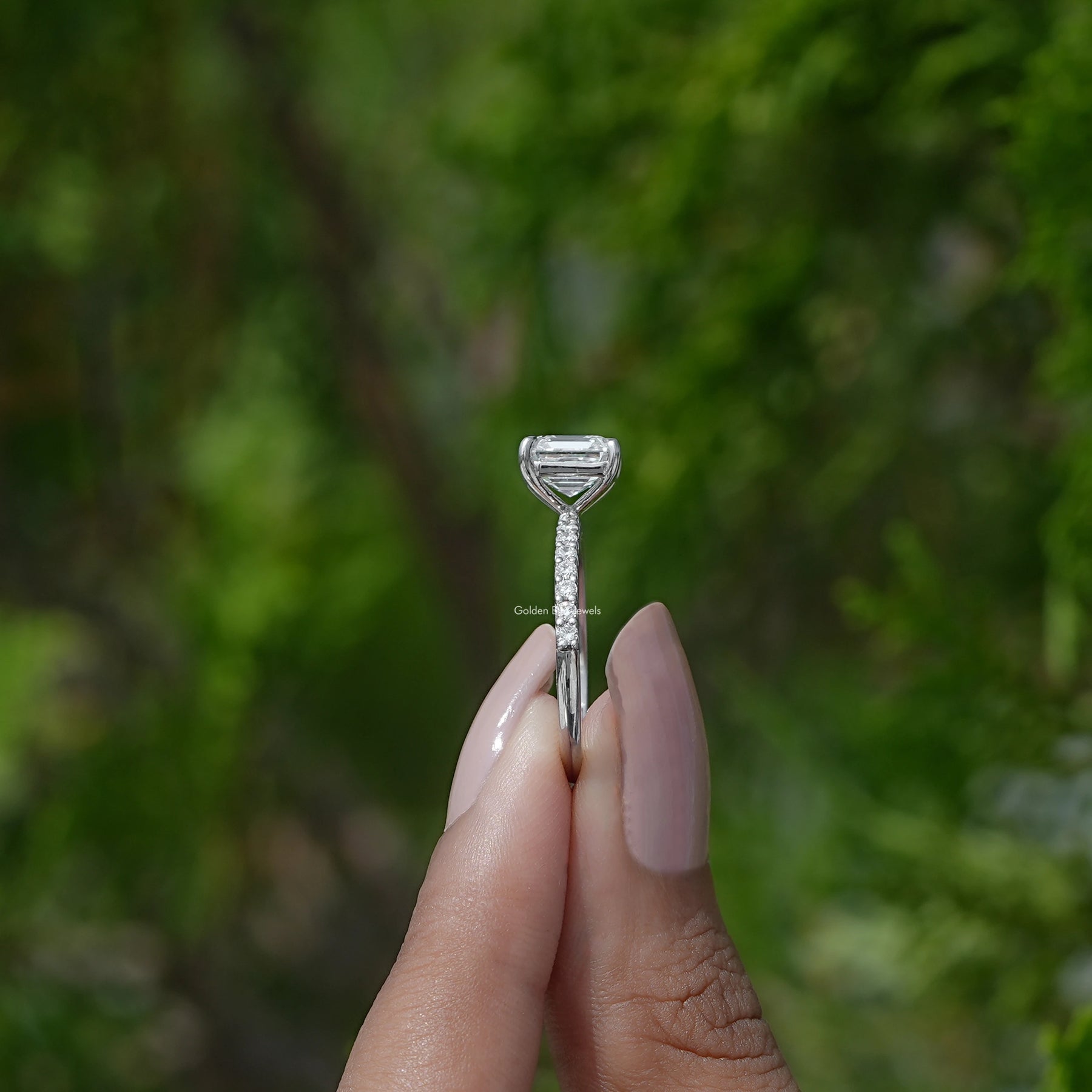 [White Gold Square Emerald Lab Diamond Ring]-[Golden Bird Jewels]