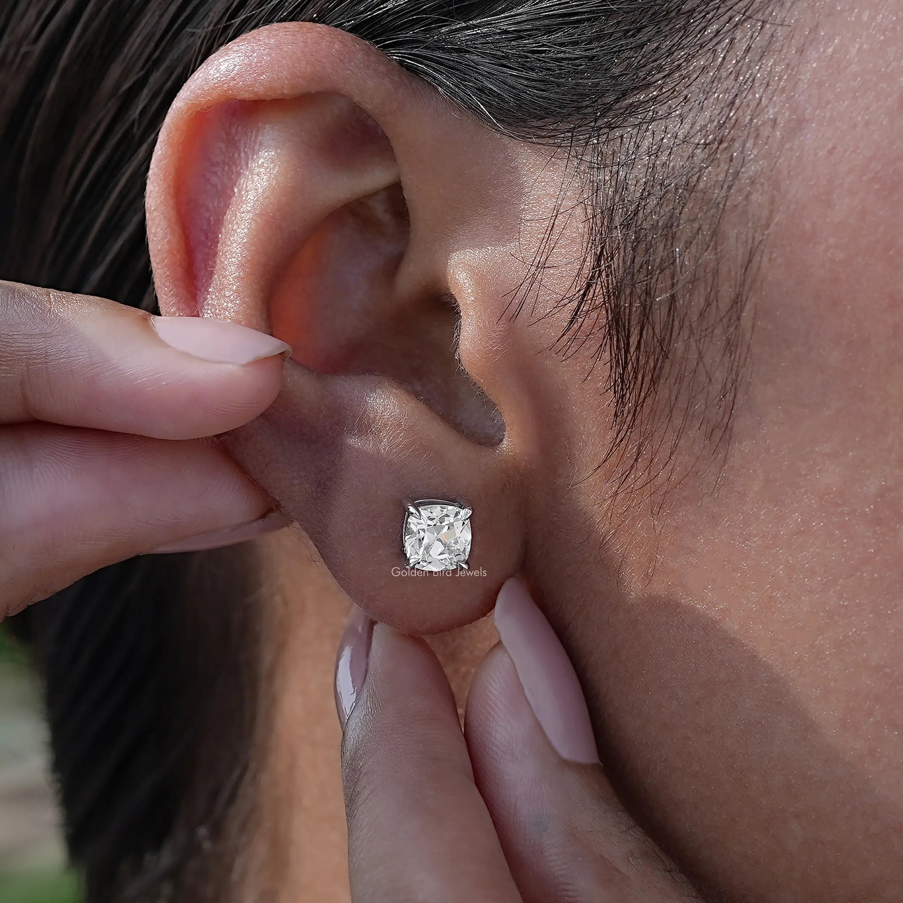 [Cushion Lab Diamond Stud Earrings]-[Golden Bird Jewels]