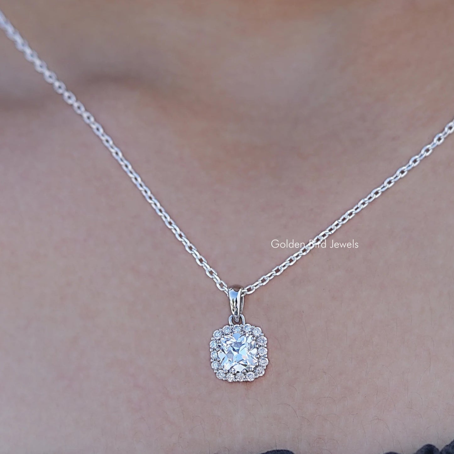 Close up view of Old European Round Lab Diamond Halo Pendant