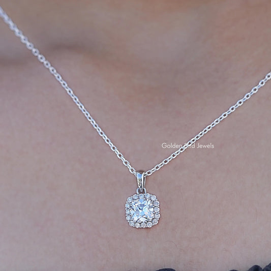 Close up view of Old European Round Lab Diamond Halo Pendant
