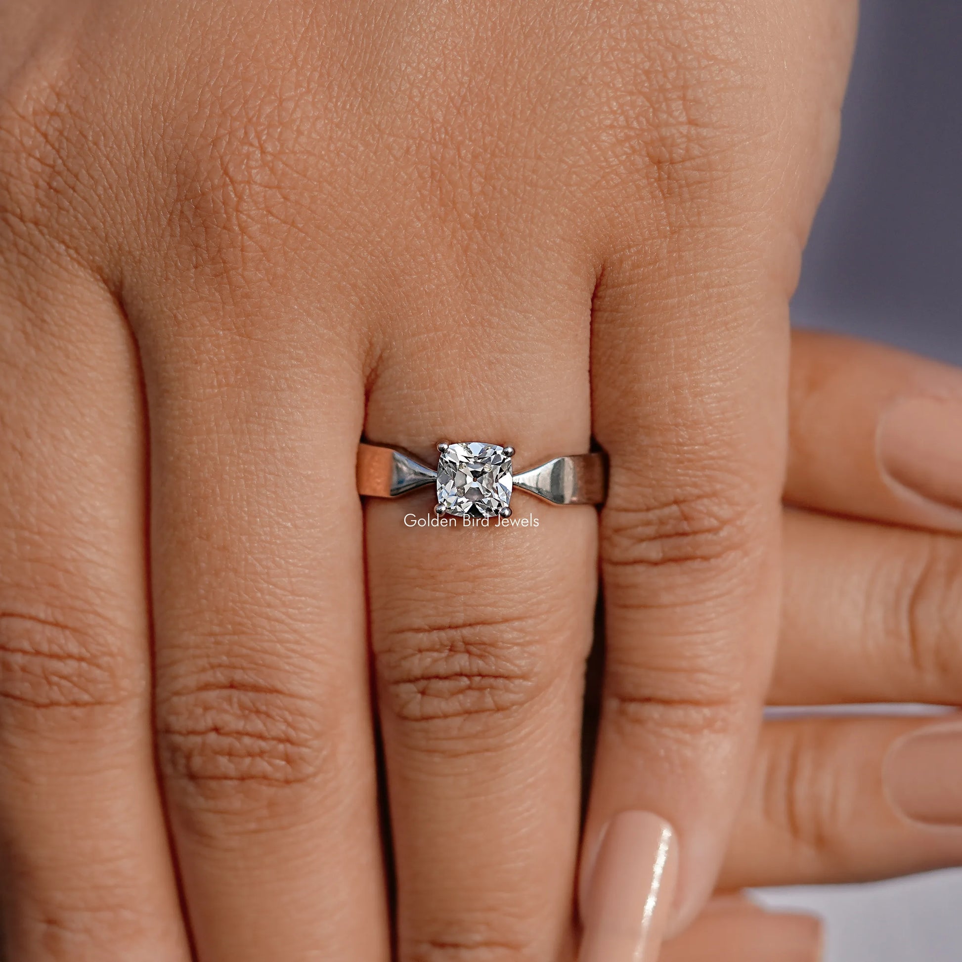 Detailed View Of Square Old Mine Cushion Diamond Solitaire Ring
