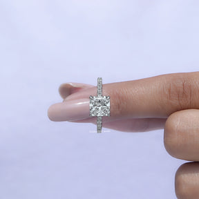 [White Gold Radiant Cut Accent Diamond Engagement Ring]-[Golden Bird Jewels]