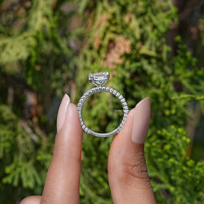 Back View of A Radiant Cut Lab Diamond Bridal Ring in two fingers
