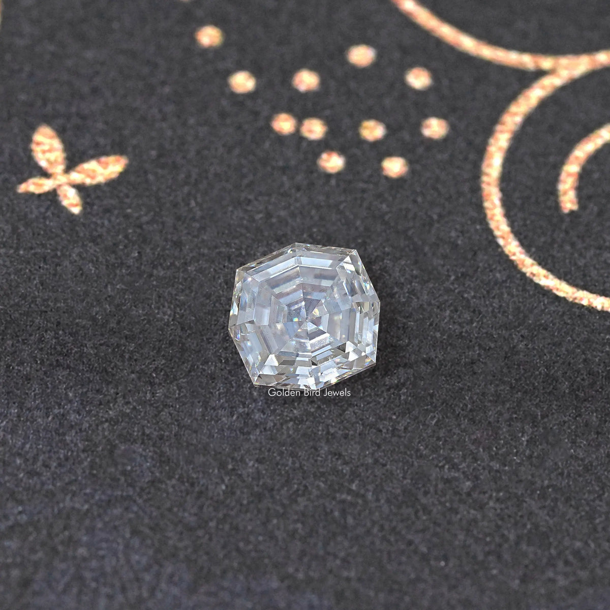 Colorless cushion-cut moissanite loose gemstone, front view with visible facets.