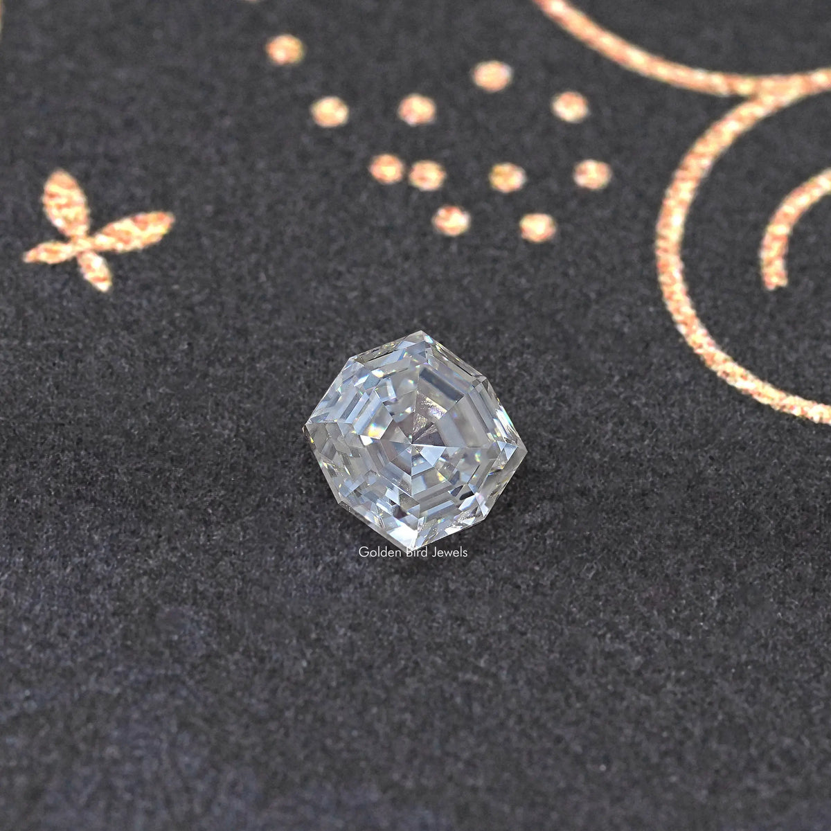 Colorless cushion-cut moissanite loose gemstone, clear top facets in view.
