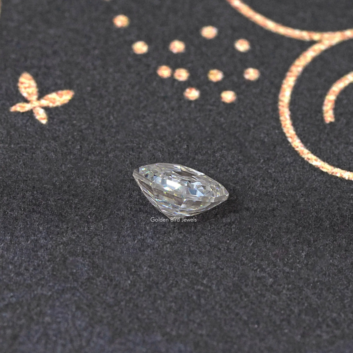 Colorless cushion-cut moissanite loose gemstone, tilted view with sparkling facets.