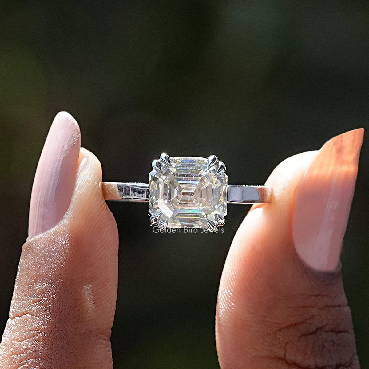 [Step Cut Asscher Cut Moissanite Solitaire Ring]-[Golden Bird Jewels]