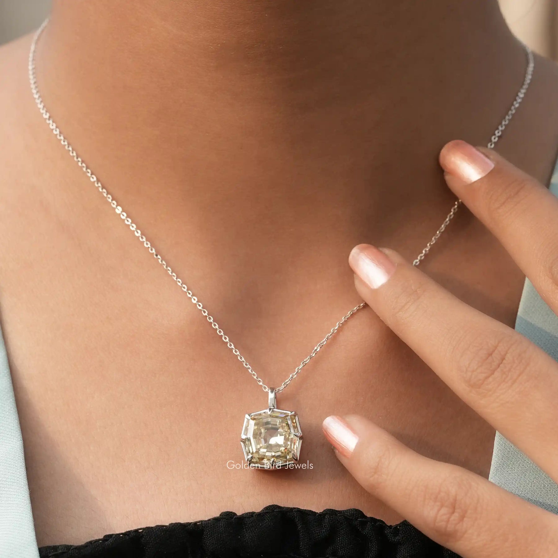 [Cushion Cut Moissanite Pendant In 14K White Gold]-[Golden Bird Jewels]