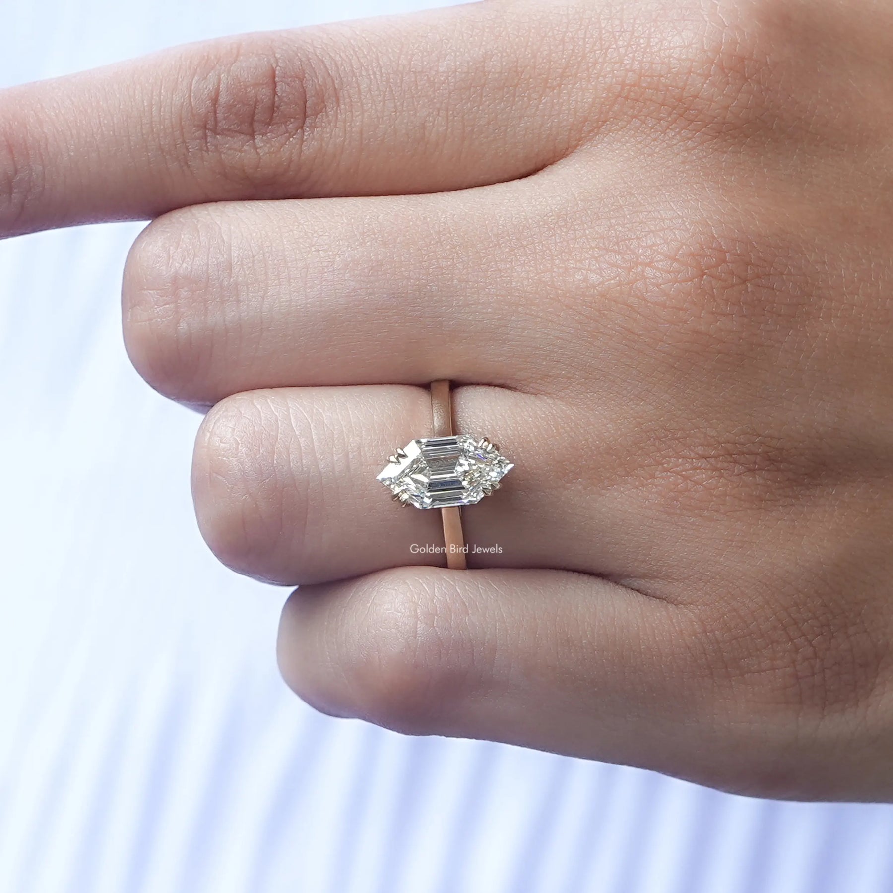 Close-Up View of Step Cut Dutch Marquise Diamond Ring In yellow gold