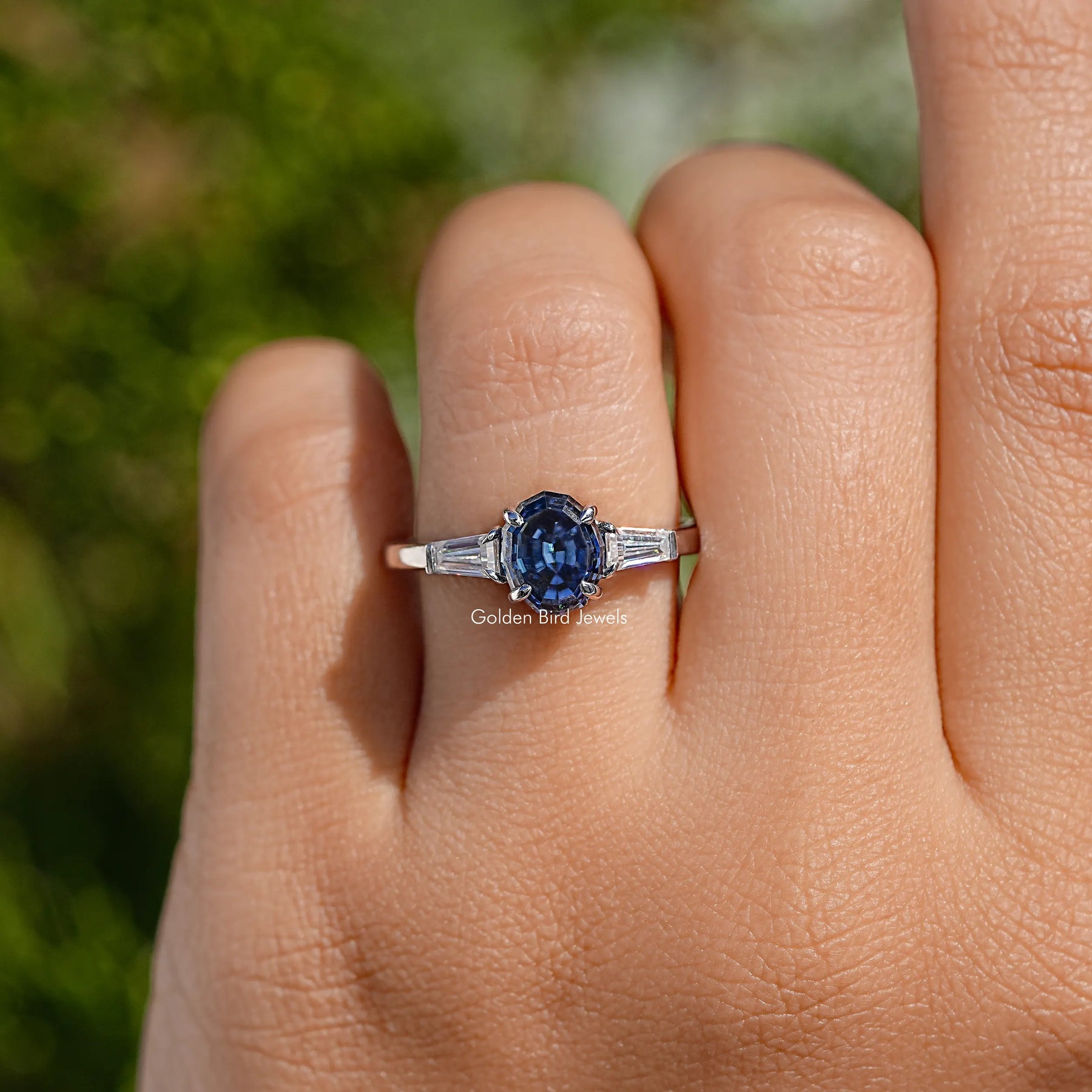 Blue Step Cut Oval Moissanite Three Stone Ring