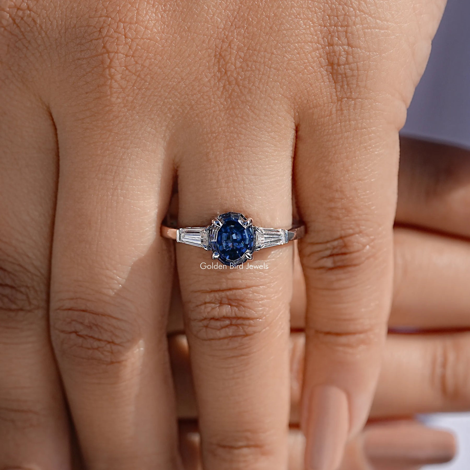 Blue Step Cut Oval Moissanite Three Stone Ring