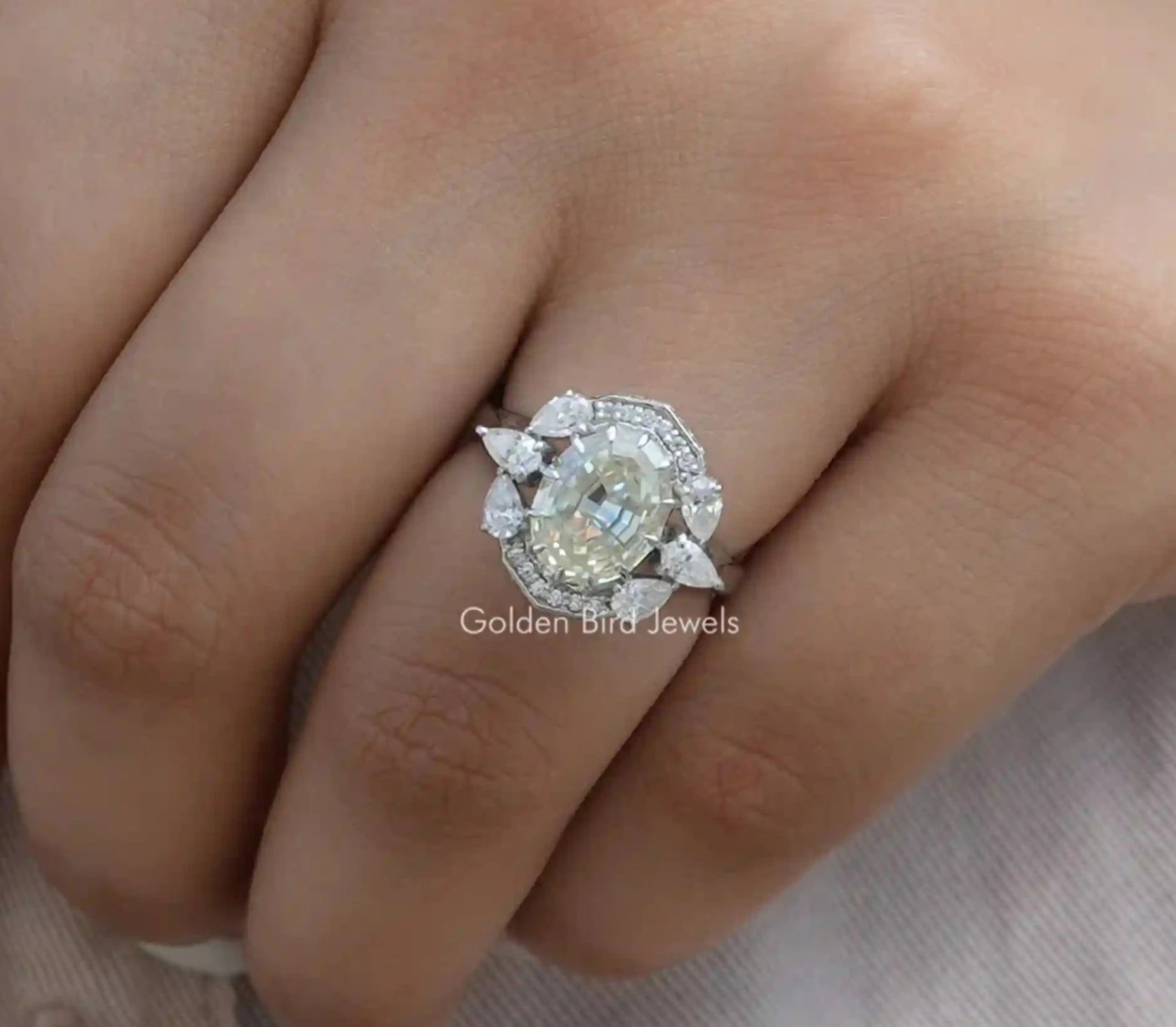 Step Cut Oval Moissanite Halo Vintage Ring