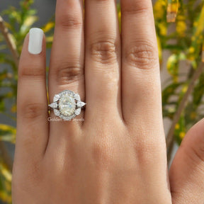 [Vintage Step Cut Oval Moissanite Halo Vintage Ring]-[Golden Bird Jewels]