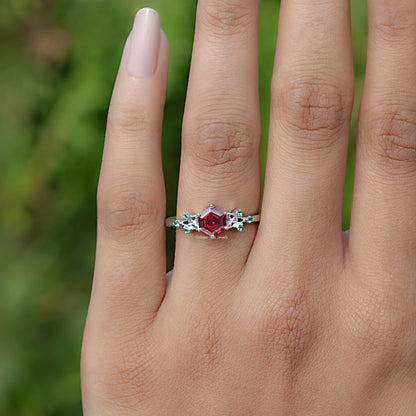 In Finger front view of Hexagon Cut Gemstone Engagement Ring In White Gold
