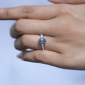 Blue Step Cut Oval Moissanite Three Stone Ring