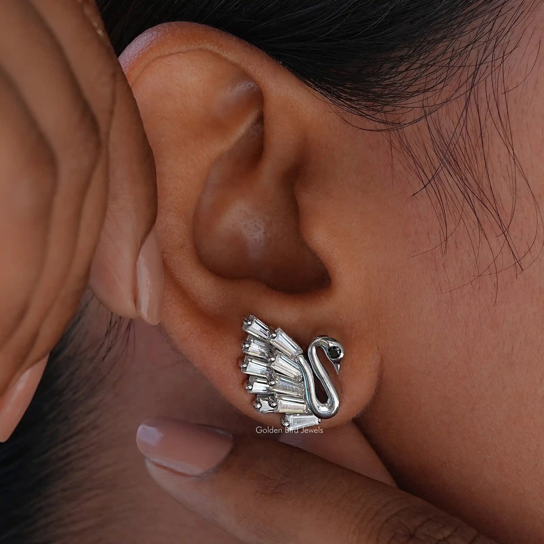 [Colorless Tapered Baguette Cut Moissanite Swan Earrings]-[Golden Bird Jewels]