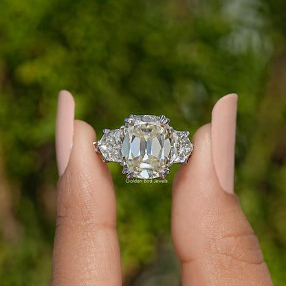 Old Mine Cushion Cut Antique Three Stone Moissanite Engagement Ring