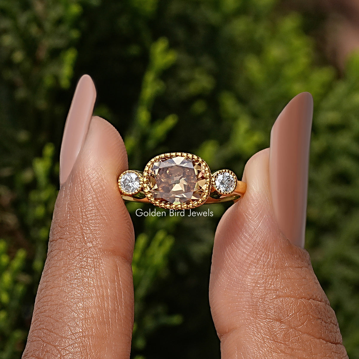 Three Stone Old Mine Cushion Cut Solitaire Engagement Ring