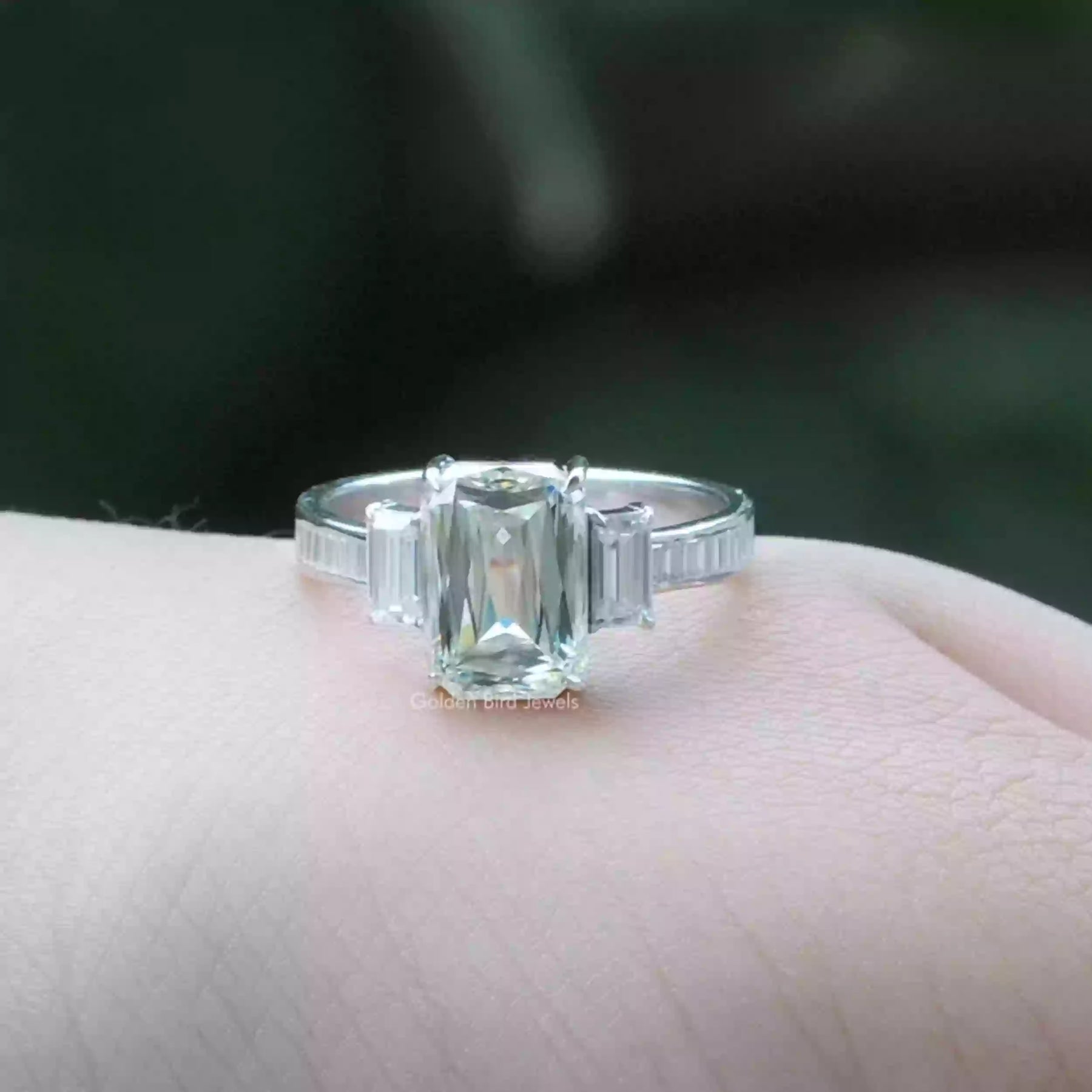 [White Gold Criss And Baguette Cut Moissanite Ring]-[Golden Bird Jewels]