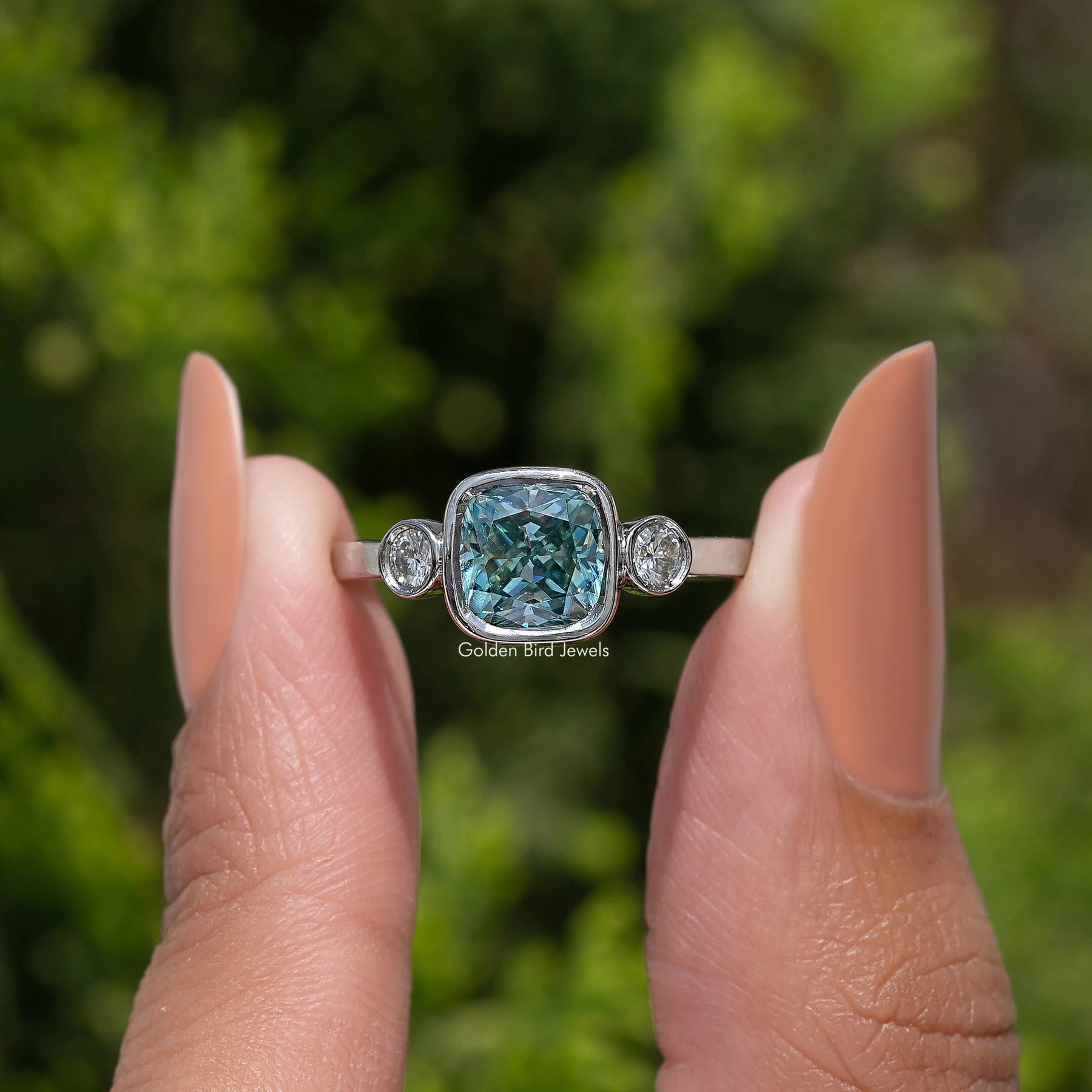 Three Stone Cushion Cut Moissanite Engagement Ring