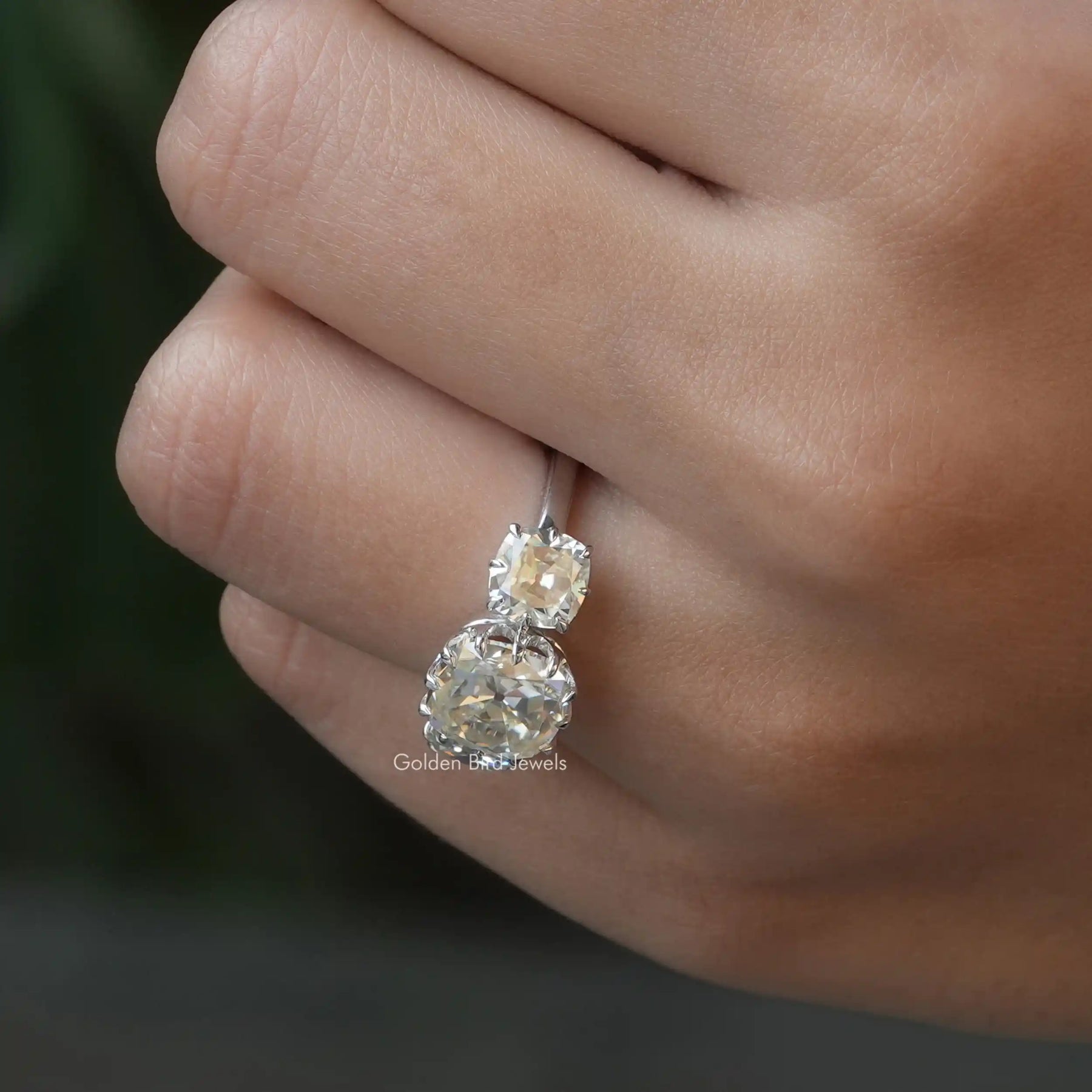 [Three Stone Old Mine Cushion Cut Moissanite Ring]-[Golden Bird Jewels]