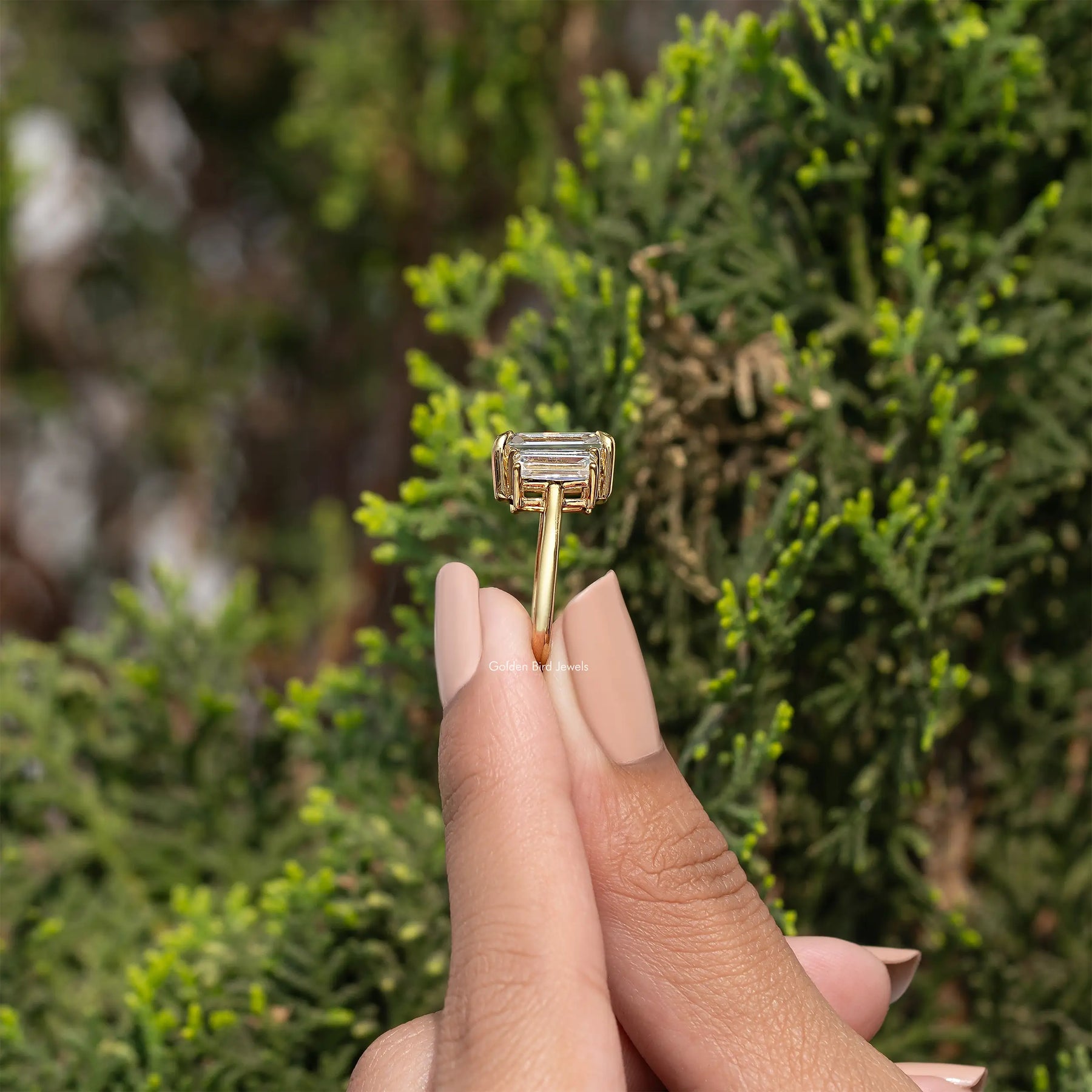 Three Stone Old Mine Emerald Cut Moissanite Engagement Ring