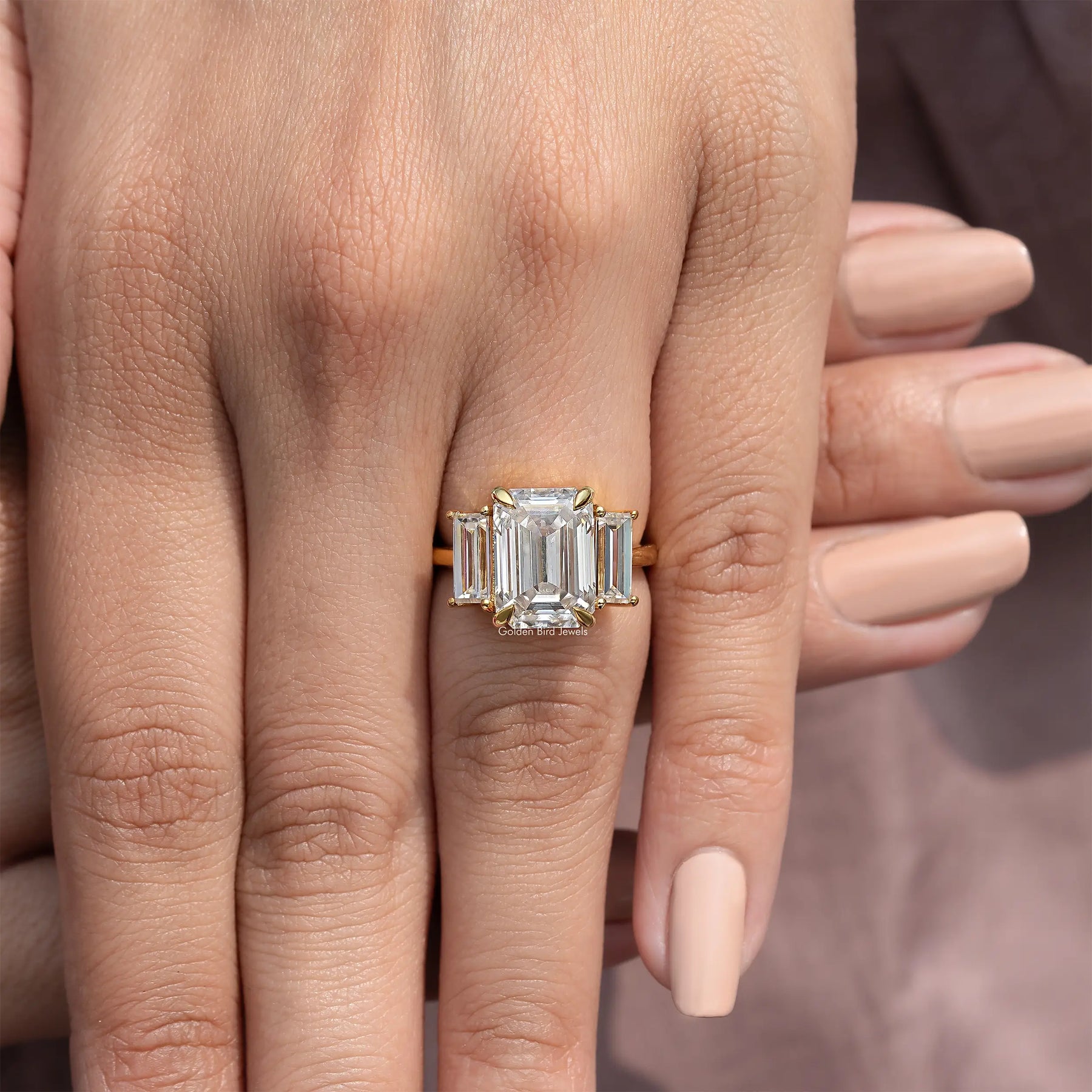 Three Stone Old Mine Emerald Cut Moissanite Engagement Ring