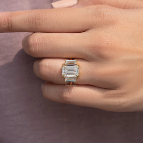 Three Stone Old Mine Emerald Cut Moissanite Engagement Ring