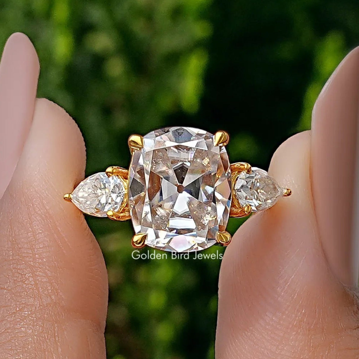 Three Stone Old Mine Cushion Cut Moissanite Ring